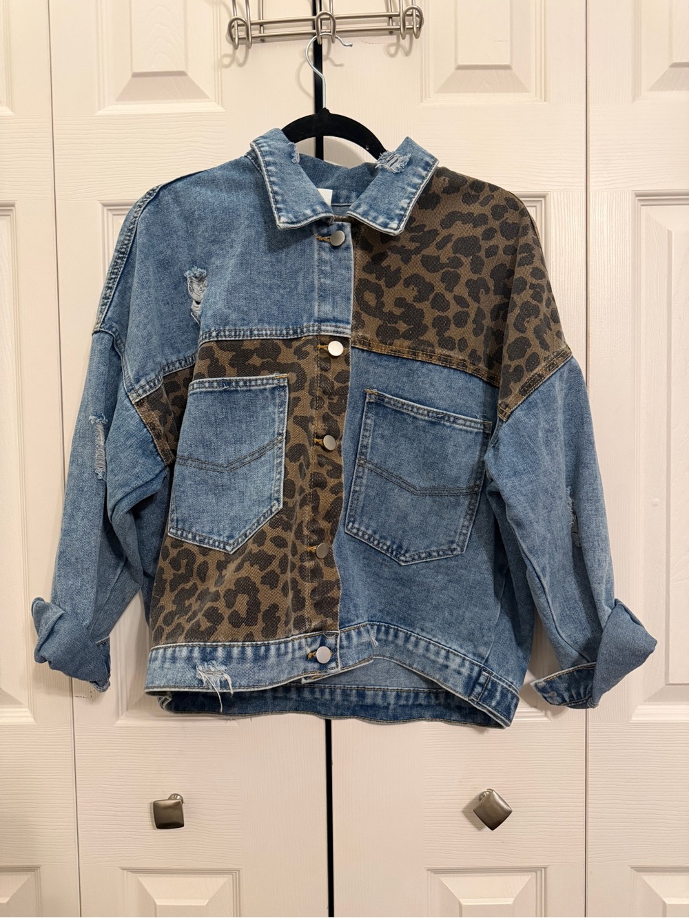 Leopard Print Patchwork Denim Jean Jacket Distressed Oversized Grunge